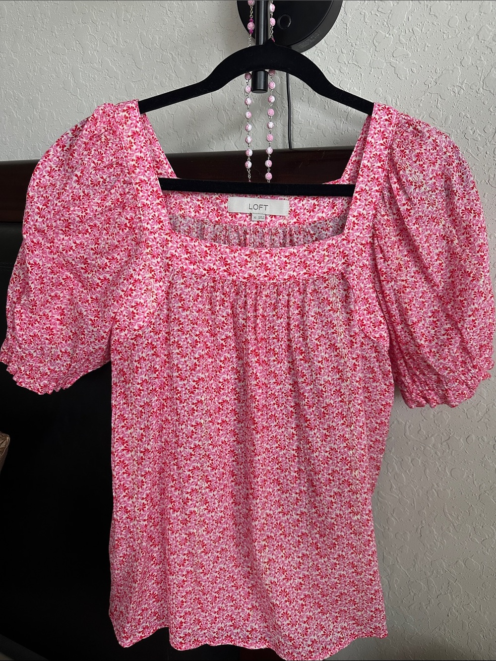 LOFT Pink Floral Smocked Square-Neck Puff Sleeve Blouse